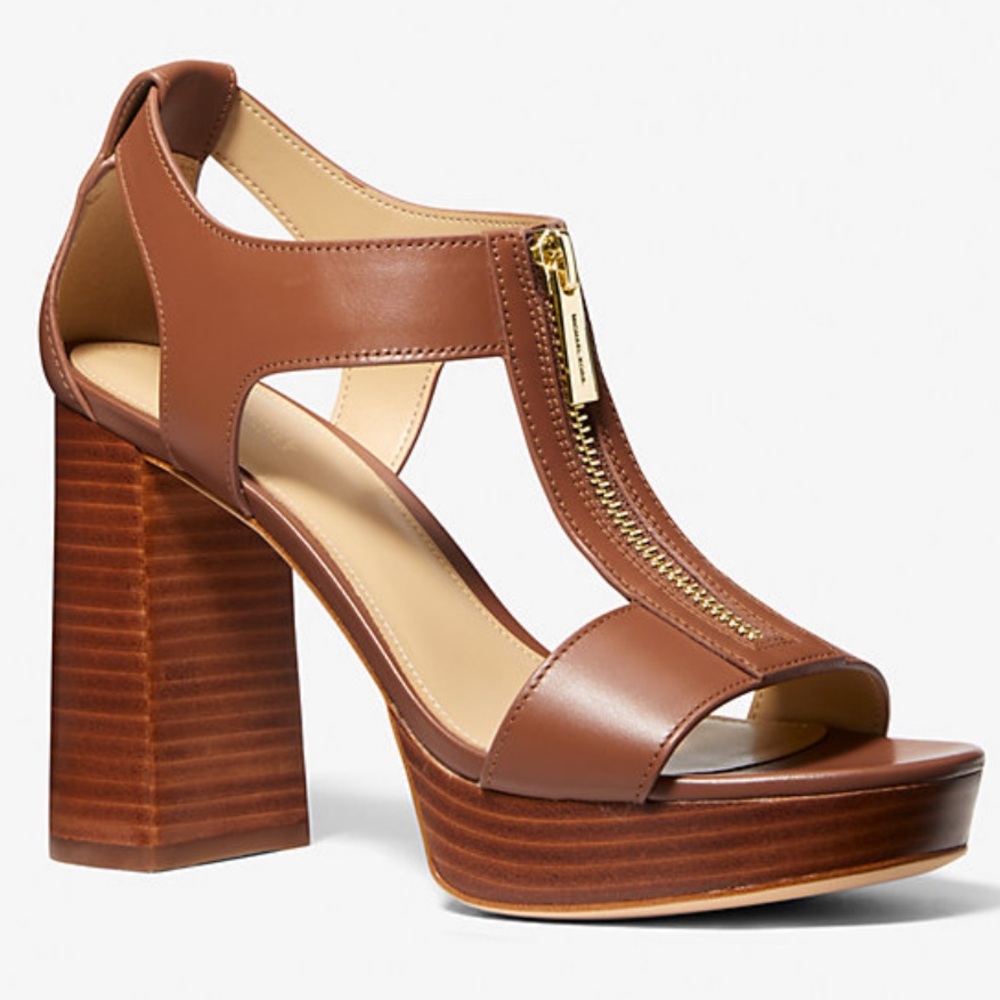MICHAEL Michael Kors Brown Leather Platform Heels with Gold Zip